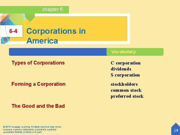 chapter 6 6 -4 Corporations in America Vocabulary Types of Corporations C corporation dividends
