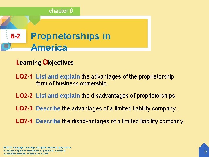 chapter 6 6 -2 Proprietorships in America Learning Objectives LO 2 -1 List and