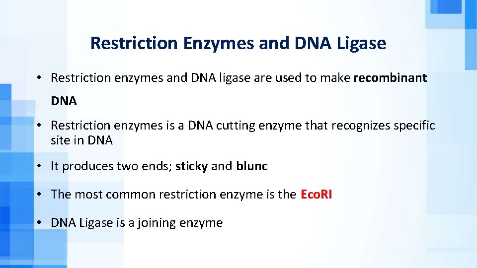 Restriction Enzymes and DNA Ligase • Restriction enzymes and DNA ligase are used to