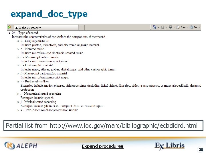 expand_doc_type Partial list from http: //www. loc. gov/marc/bibliographic/ecbdldrd. html Expand procedures 38 