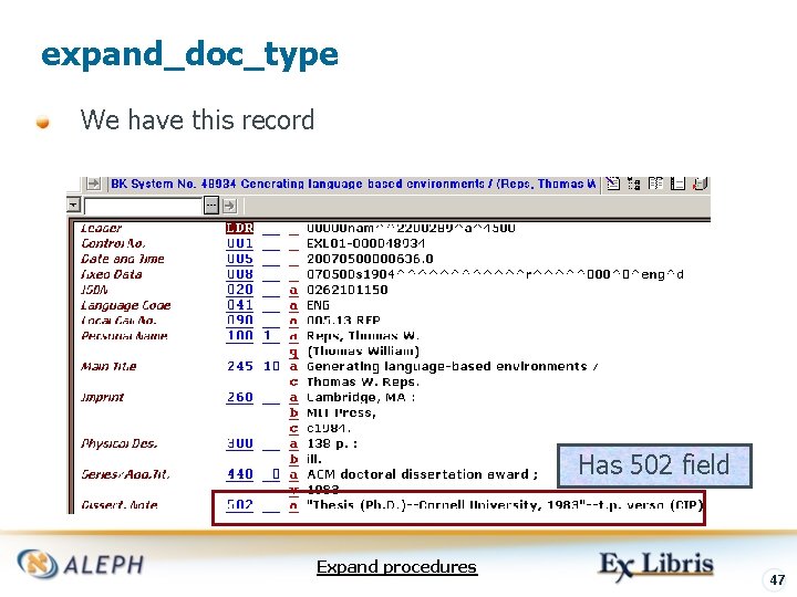 expand_doc_type We have this record Has 502 field Expand procedures 47 