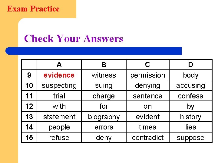 Exam Practice Check Your Answers 9 10 11 12 13 14 15 A evidence