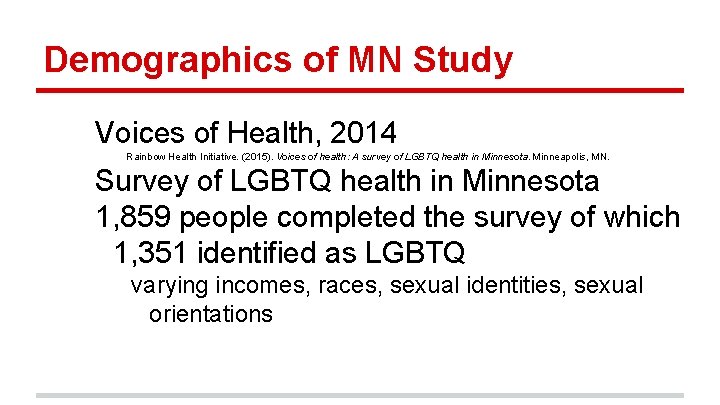 Demographics of MN Study Voices of Health, 2014 Rainbow Health Initiative. (2015). Voices of