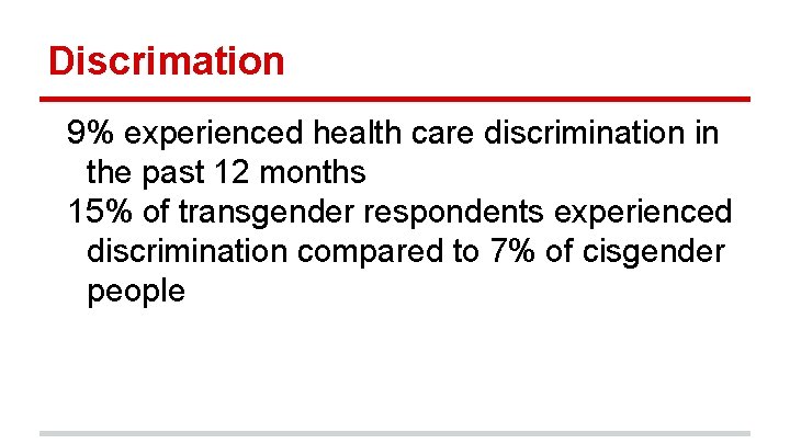 Discrimation 9% experienced health care discrimination in the past 12 months 15% of transgender