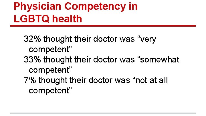 Physician Competency in LGBTQ health 32% thought their doctor was “very competent” 33% thought