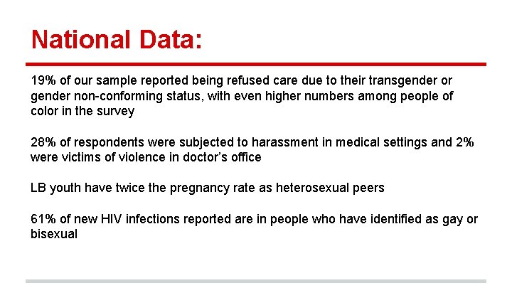 National Data: 19% of our sample reported being refused care due to their transgender