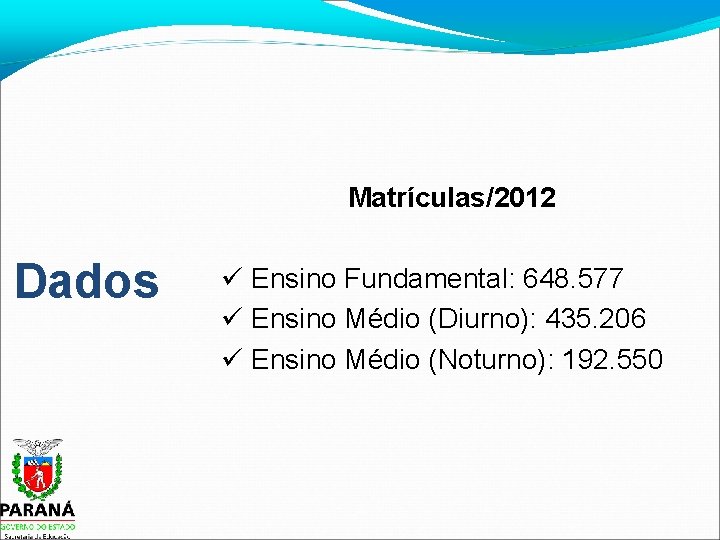 Matrículas/2012 Dados Ensino Fundamental: 648. 577 Ensino Médio (Diurno): 435. 206 Ensino Médio (Noturno):