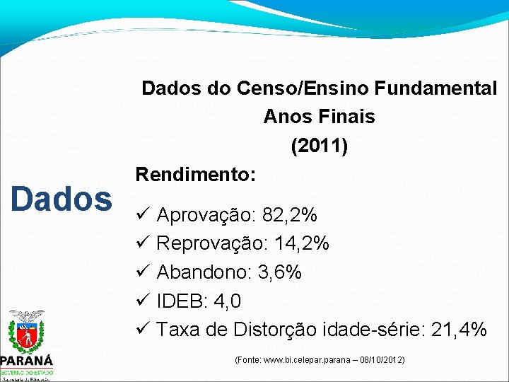 Dados do Censo/Ensino Fundamental Anos Finais (2011) Rendimento: Aprovação: 82, 2% Reprovação: 14, 2%