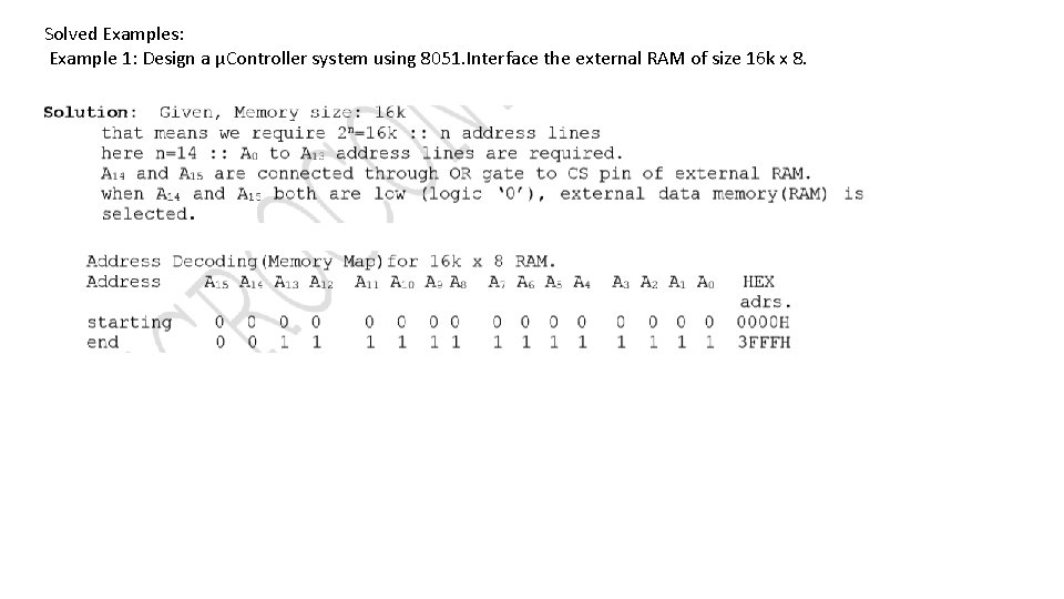 Solved Examples: Example 1: Design a µController system using 8051. Interface the external RAM