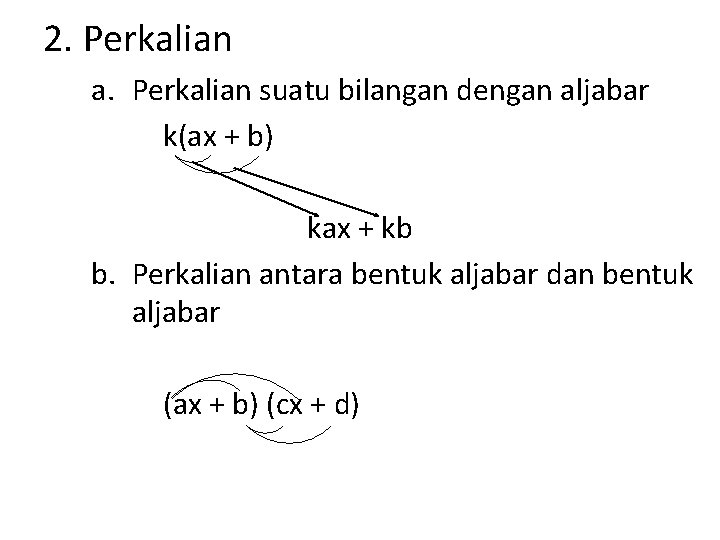 2. Perkalian a. Perkalian suatu bilangan dengan aljabar k(ax + b) kax + kb