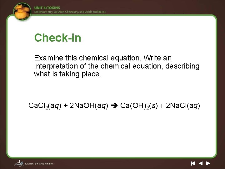 Check-in Examine this chemical equation. Write an interpretation of the chemical equation, describing what