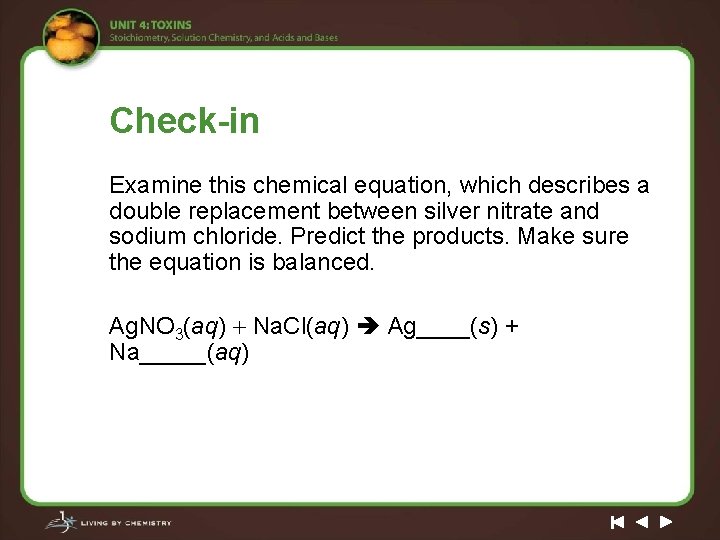 Check-in Examine this chemical equation, which describes a double replacement between silver nitrate and