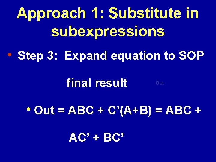 Approach 1: Substitute in subexpressions • Step 3: Expand equation to SOP final result