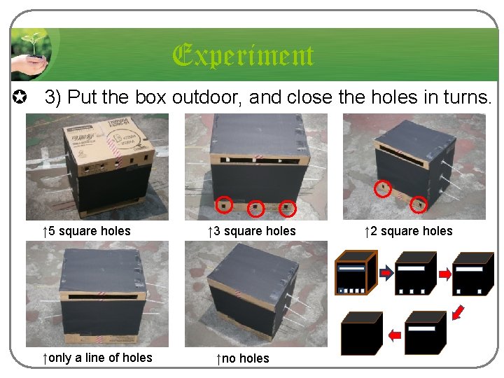 Experiment µ 3) Put the box outdoor, and close the holes in turns. ↑