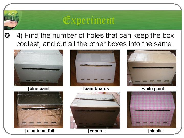 Experiment µ 4) Find the number of holes that can keep the box coolest,