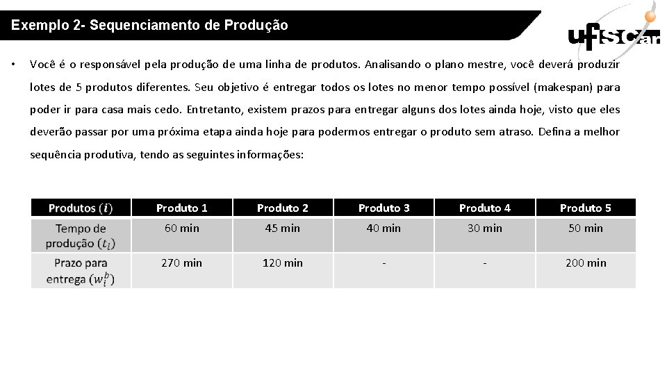 Exemplo 2 - Sequenciamento de Produção • Você é o responsável pela produção de