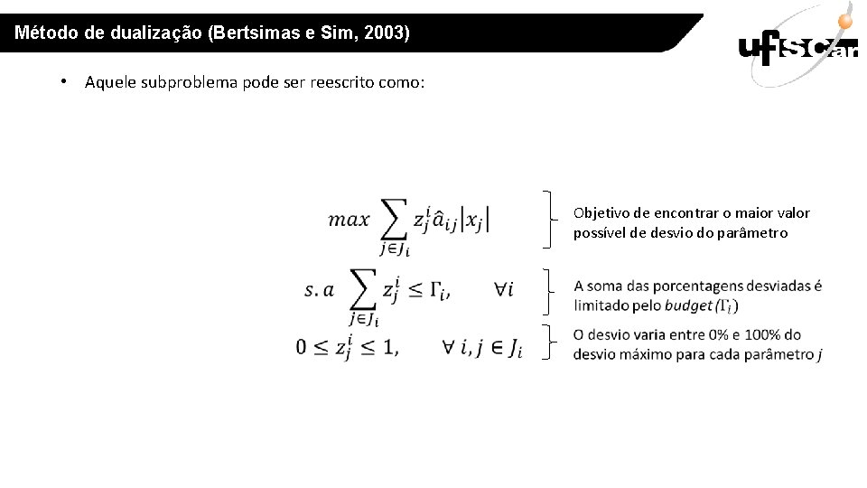 Método de dualização (Bertsimas e Sim, 2003) • Aquele subproblema pode ser reescrito como: