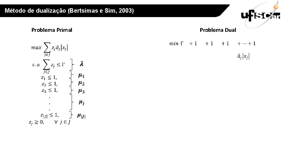 Método de dualização (Bertsimas e Sim, 2003) Problema Primal Problema Dual 