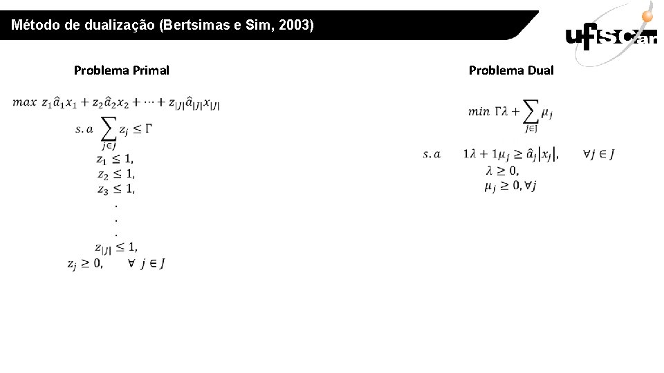 Método de dualização (Bertsimas e Sim, 2003) Problema Primal Problema Dual 