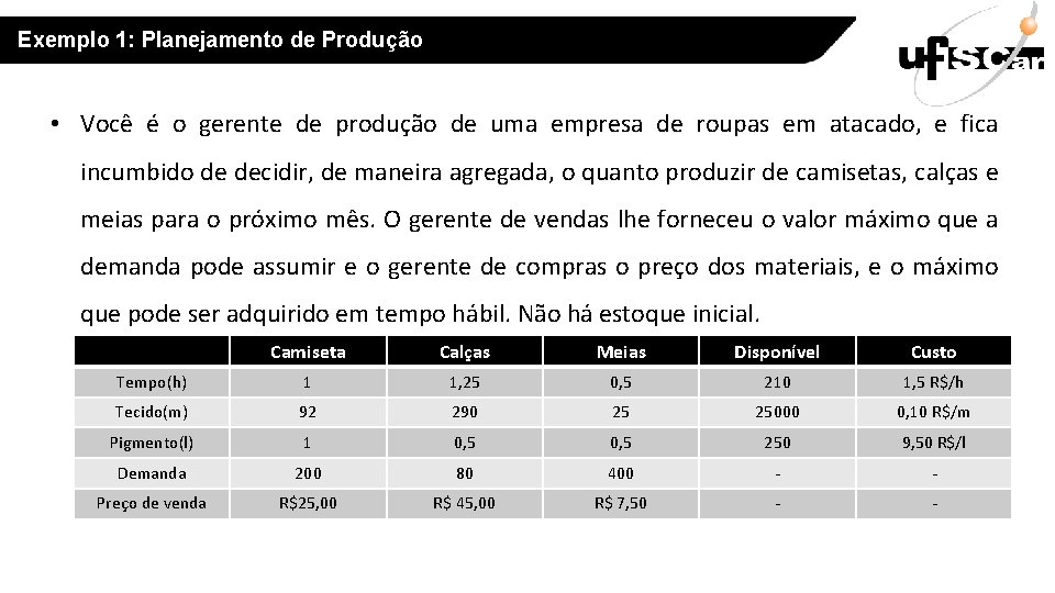 Exemplo 1: Planejamento de Produção • Você é o gerente de produção de uma