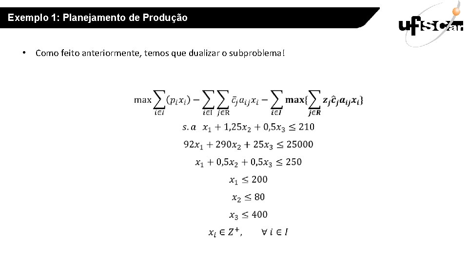 Exemplo 1: Planejamento de Produção • Como feito anteriormente, temos que dualizar o subproblema!