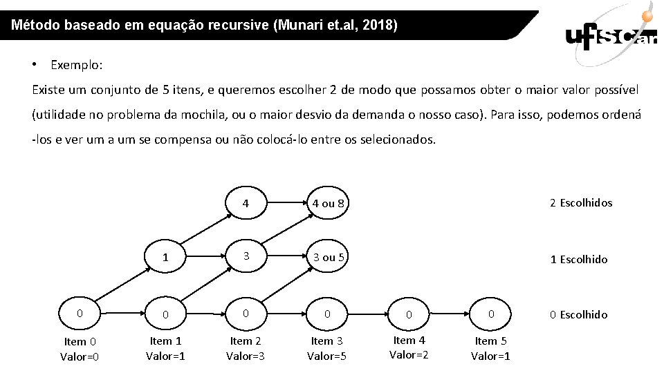 Método baseado em equação recursive (Munari et. al, 2018) • Exemplo: Existe um conjunto