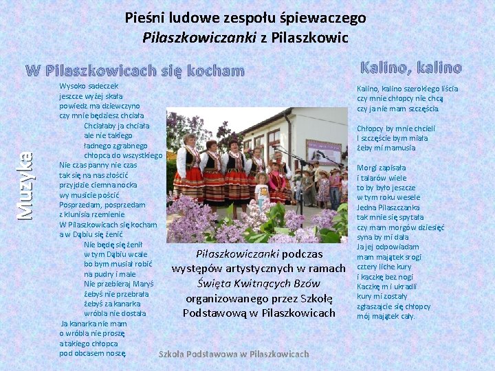 Pieśni ludowe zespołu śpiewaczego Pilaszkowiczanki z Pilaszkowic Muzyka W Pilaszkowicach się kocham Wysoko sadeczek