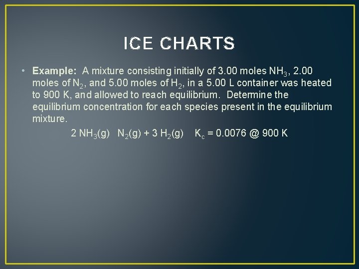 ICE CHARTS • Example: A mixture consisting initially of 3. 00 moles NH 3,