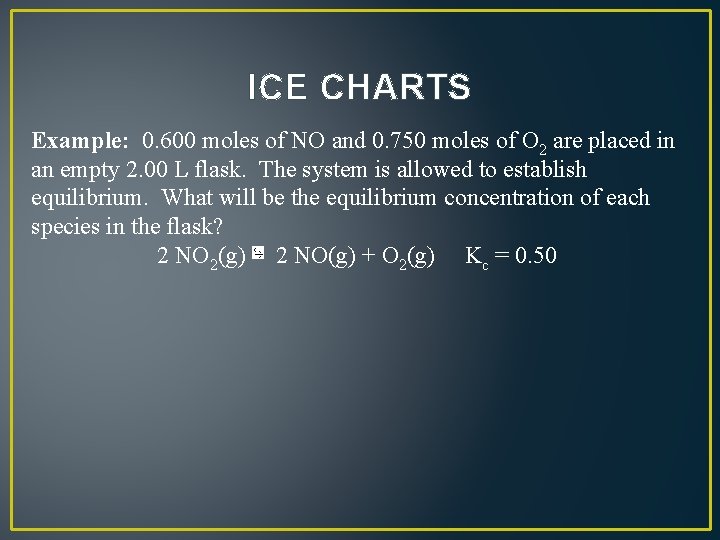 ICE CHARTS Example: 0. 600 moles of NO and 0. 750 moles of O