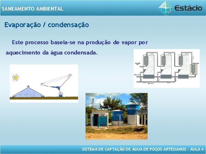 SANEAMENTO AMBIENTAL Evaporação / condensação Este processo baseia-se na produção de vapor aquecimento da