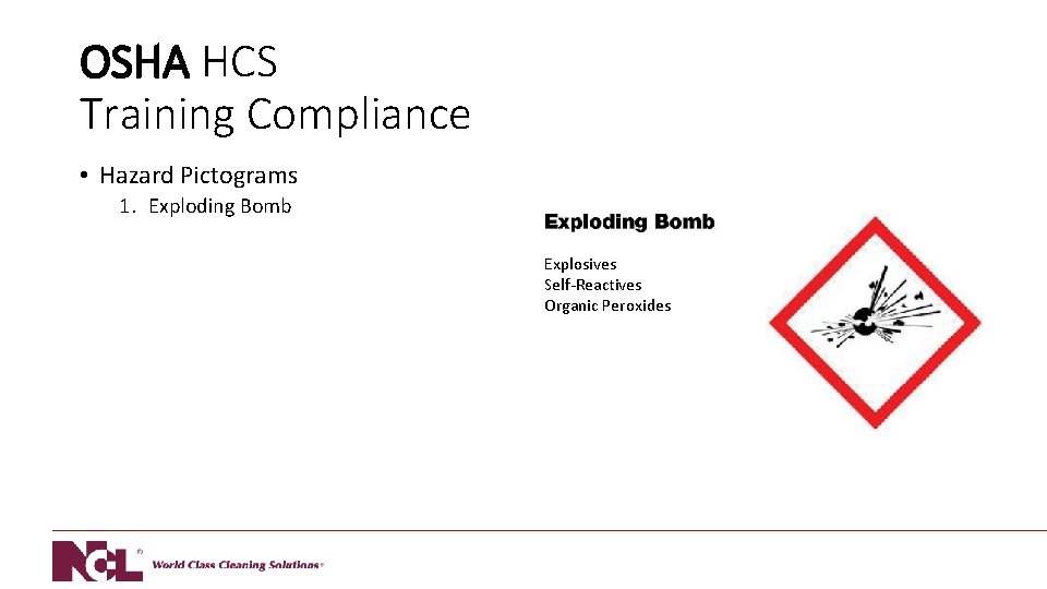 OSHA HCS Training Compliance • Hazard Pictograms 1. Exploding Bomb Explosives Self-Reactives Organic Peroxides