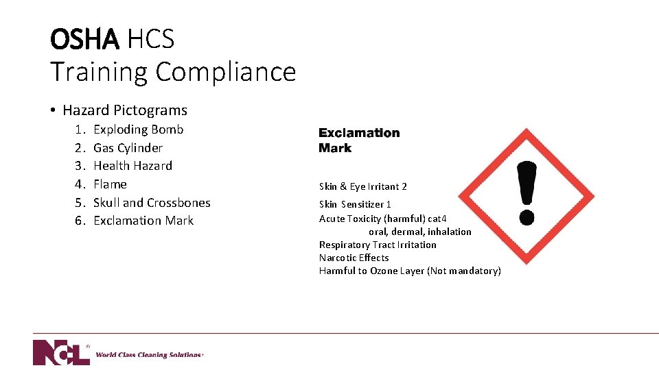 OSHA HCS Training Compliance • Hazard Pictograms 1. 2. 3. 4. 5. 6. Exploding