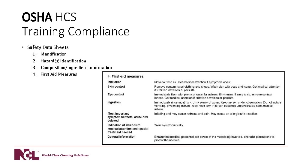 OSHA HCS Training Compliance • Safety Data Sheets 1. 2. 3. 4. Identification Hazard(s)