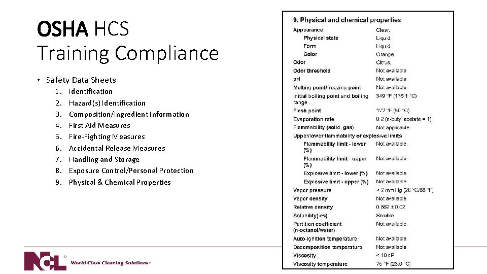 OSHA HCS Training Compliance • Safety Data Sheets 1. 2. 3. 4. 5. 6.
