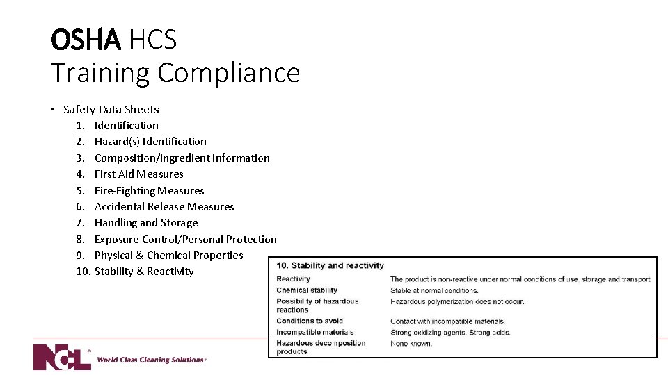 OSHA HCS Training Compliance • Safety Data Sheets 1. Identification 2. Hazard(s) Identification 3.