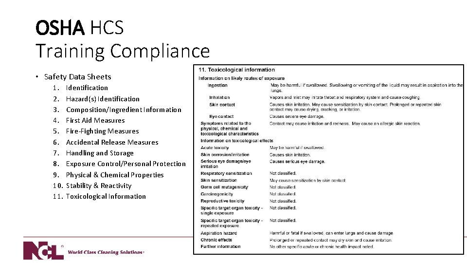 OSHA HCS Training Compliance • Safety Data Sheets 1. 2. 3. 4. 5. 6.