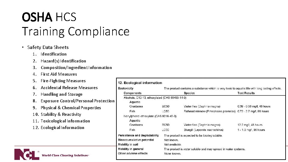 OSHA HCS Training Compliance • Safety Data Sheets 1. 2. 3. 4. 5. 6.