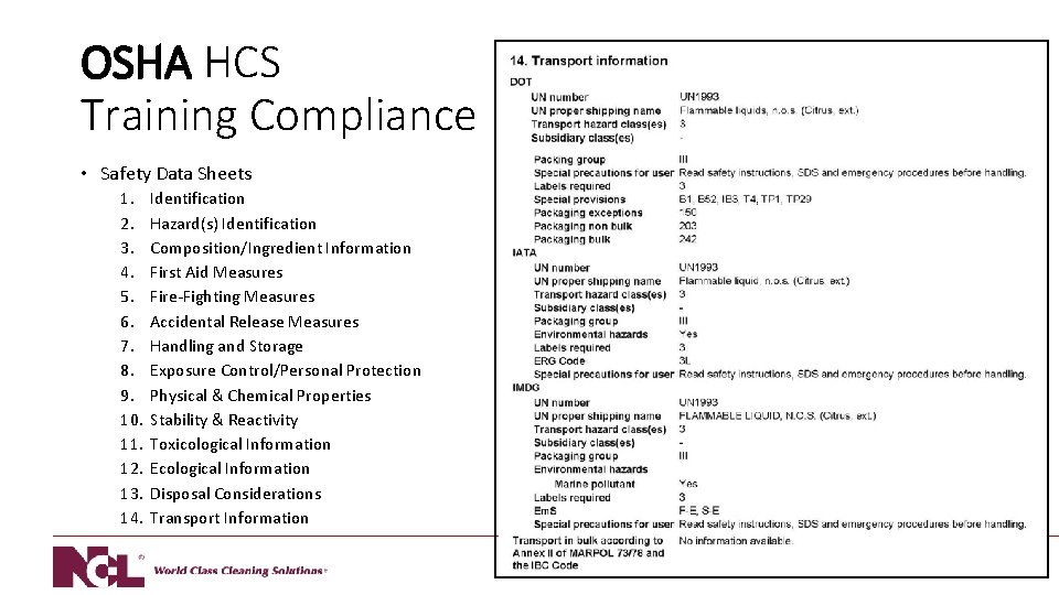 OSHA HCS Training Compliance • Safety Data Sheets 1. 2. 3. 4. 5. 6.