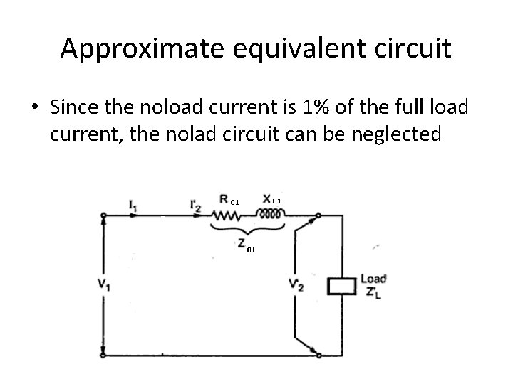 Approximate equivalent circuit • Since the noload current is 1% of the full load