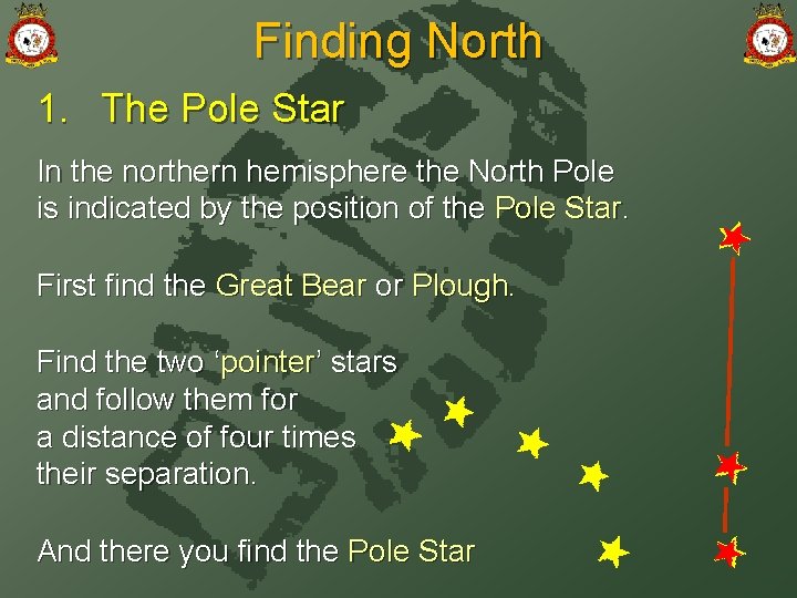 Finding North 1. The Pole Star In the northern hemisphere the North Pole is