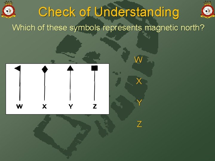 Check of Understanding Which of these symbols represents magnetic north? W X Y Z
