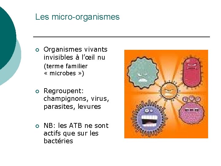Les micro-organismes ¡ Organismes vivants invisibles à l’œil nu (terme familier « microbes »