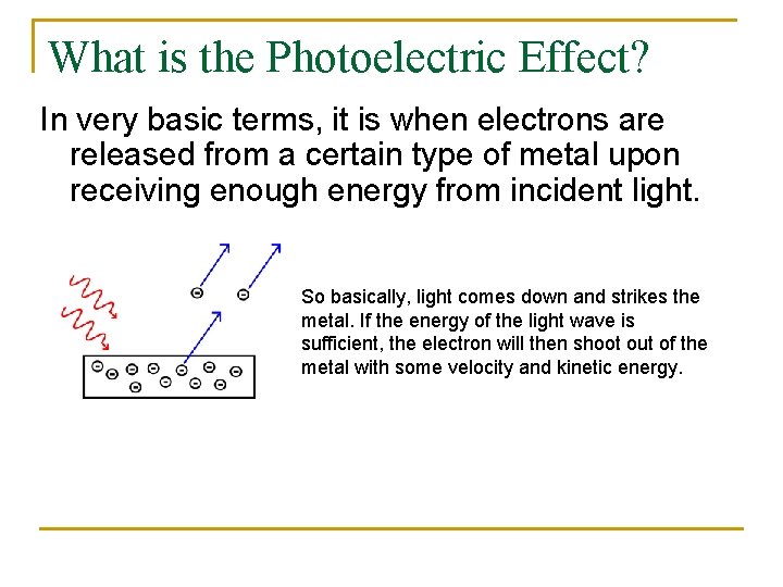 What is the Photoelectric Effect? In very basic terms, it is when electrons are What is the Photoelectric Effect? In very basic terms, it is when electrons are