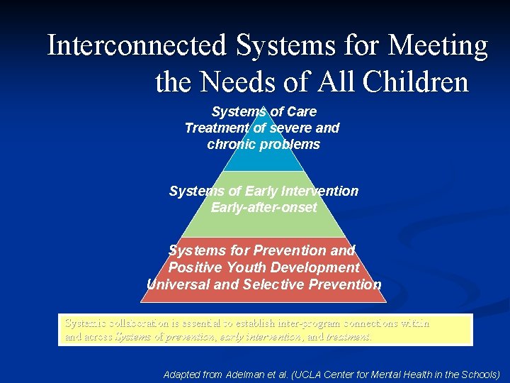 Interconnected Systems for Meeting the Needs of All Children Systems of Care Treatment of