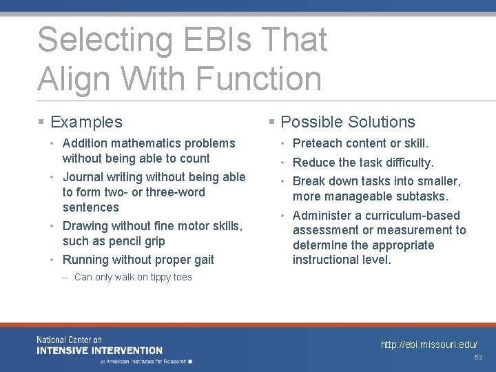 Selecting EBIs That Align With Function § Examples • Addition mathematics problems without being