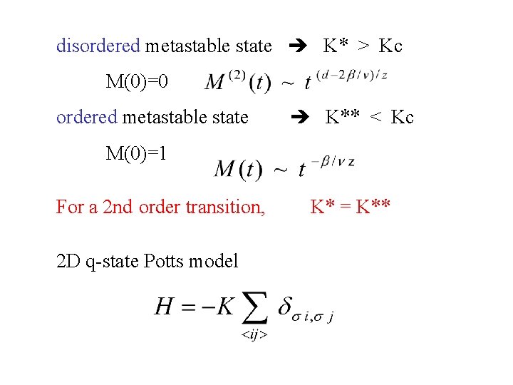 disordered metastable state K* > Kc M(0)=0 ordered metastable state K** < Kc M(0)=1