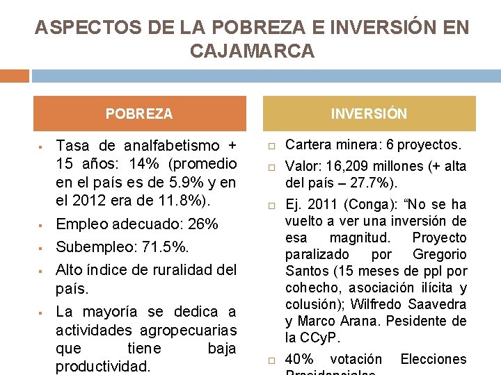 ASPECTOS DE LA POBREZA E INVERSIÓN EN CAJAMARCA POBREZA § Tasa de analfabetismo +