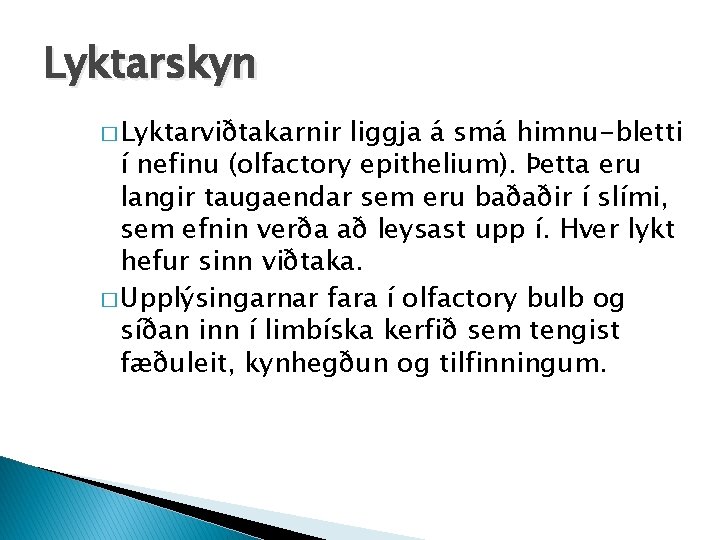 Lyktarskyn � Lyktarviðtakarnir liggja á smá himnu-bletti í nefinu (olfactory epithelium). Þetta eru langir