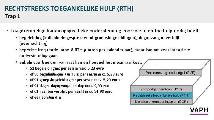 RECHTSTREEKS TOEGANKELIJKE HULP (RTH) Trap 1 • Laagdrempelige handicapspecifieke ondersteuning voor wie af en