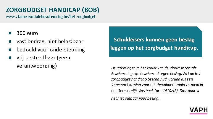 ZORGBUDGET HANDICAP (BOB) www. vlaamsesocialebescherming. be/het-zorgbudget ● ● 300 euro vast bedrag, niet belastbaar